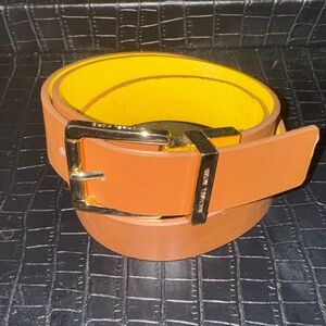 Michael Kors Orange Leather Reversible Belt with Yellow Reverse